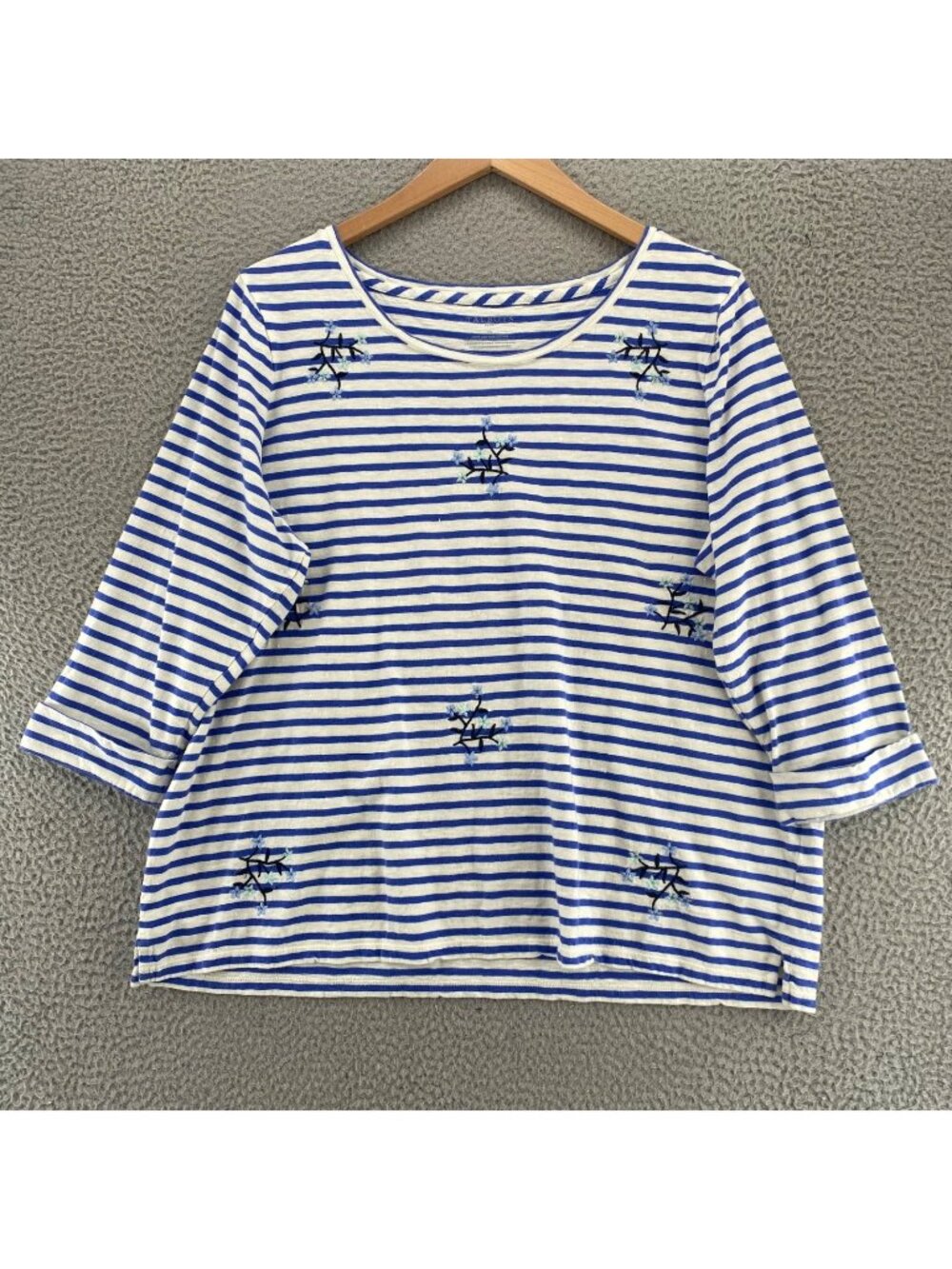 Talbots Top Womens 2X Blue Striped Cotton Slub Knit Tee Floral Embroidery Tunic